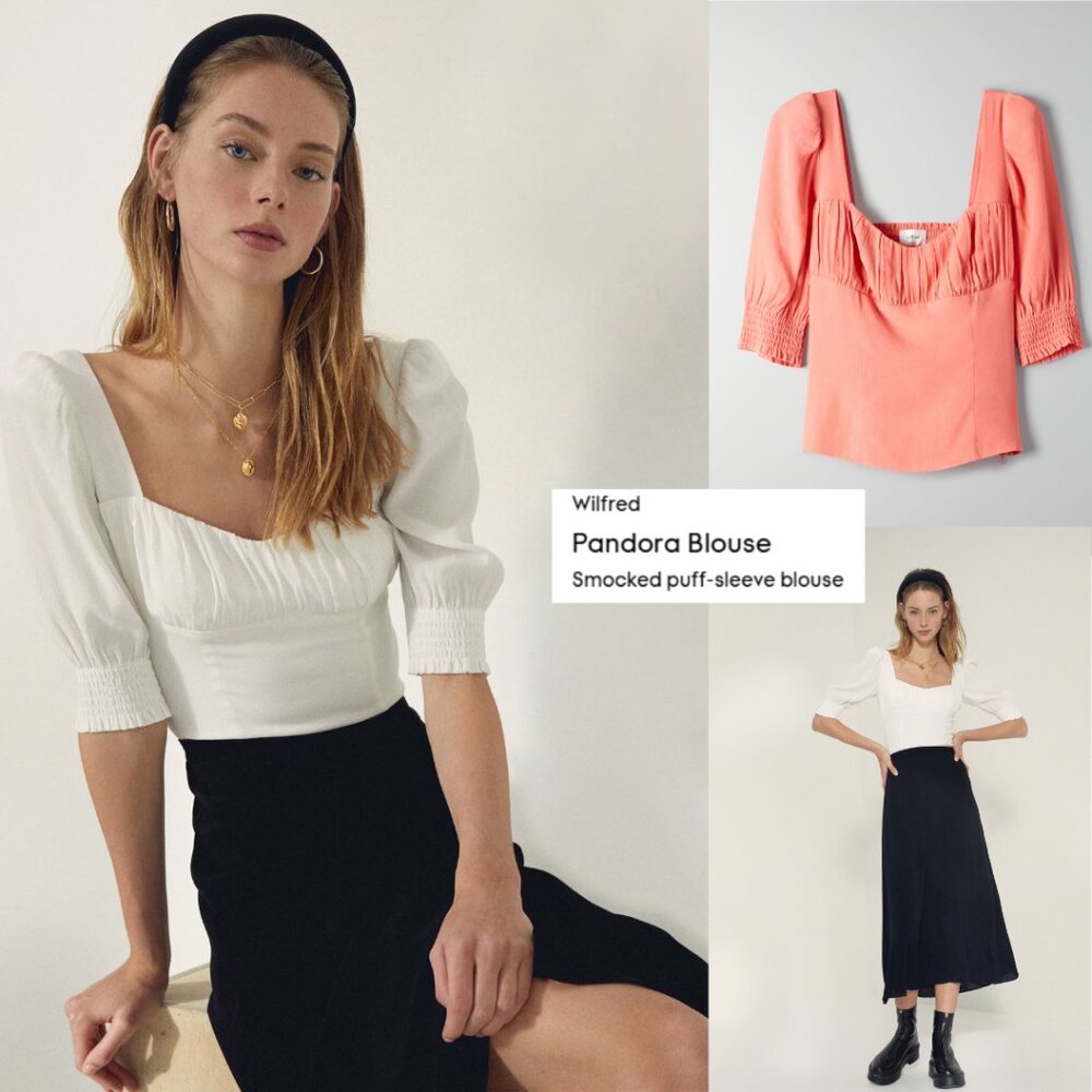 Aritzia Wilfred Pandora Puff-Sleeve Blouse in White and Coral